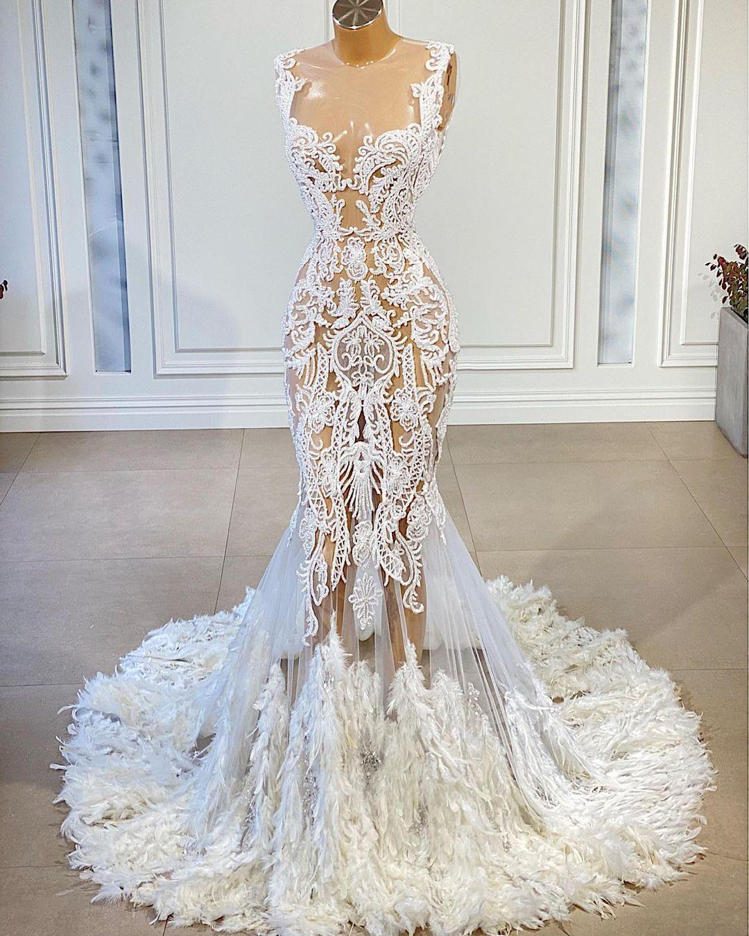 

Sexy Sheer Neck Mermaid Wedding Dresses 2021 Luxury Lace Applique Bridal Gowns with Feathers vestido de fiesta, Champagne