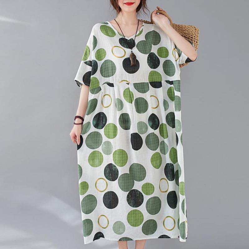 

Johnature Korean Women O-neck Short Sleeve Fashion Retro Polka Dot Dress Summer Loose Comfortable Plus Size Dresses 210521, Green