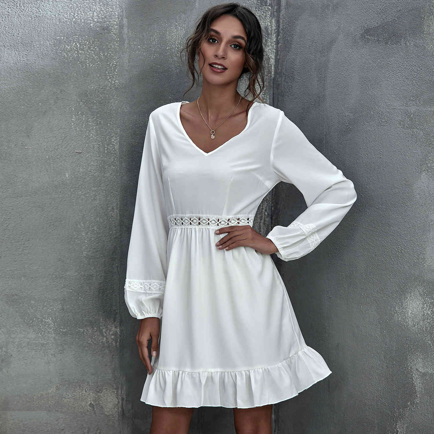 

Women Long sleeve lace dresses White Hollow Out V-neck spring summer Women's Dress Fashion sweet female pleated 210524