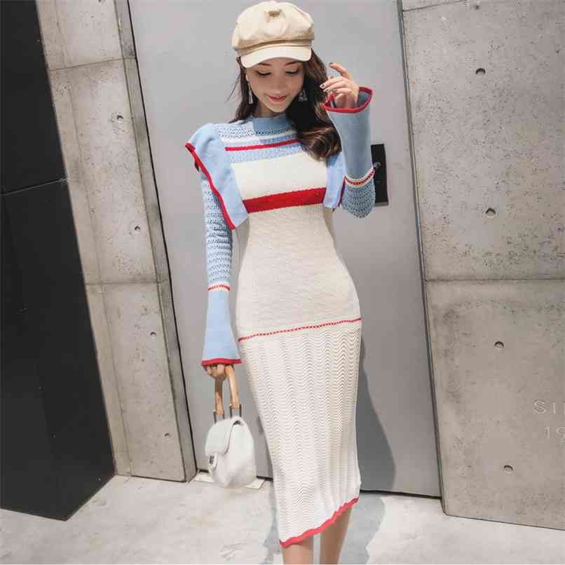 

Spring Female Casual Vestidos Bodycon Contrast Design Knitted Dress Korean Lady Sweet Cute Clothing 210520, Picture color