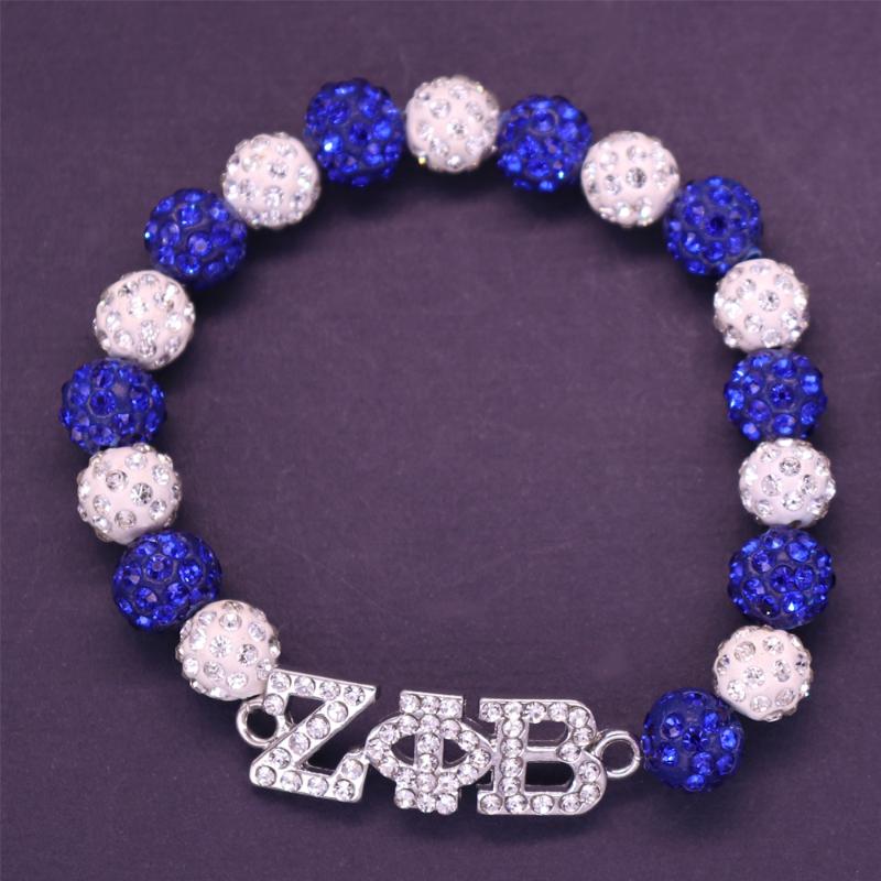 Charm Bracelets Handmade Elastic White Blue Crystal Disc Ball Beads Greek Letters Sorority Zeta Phi Beta Bracelet Bangles ZOB Symbol Jewelry-image-706733834