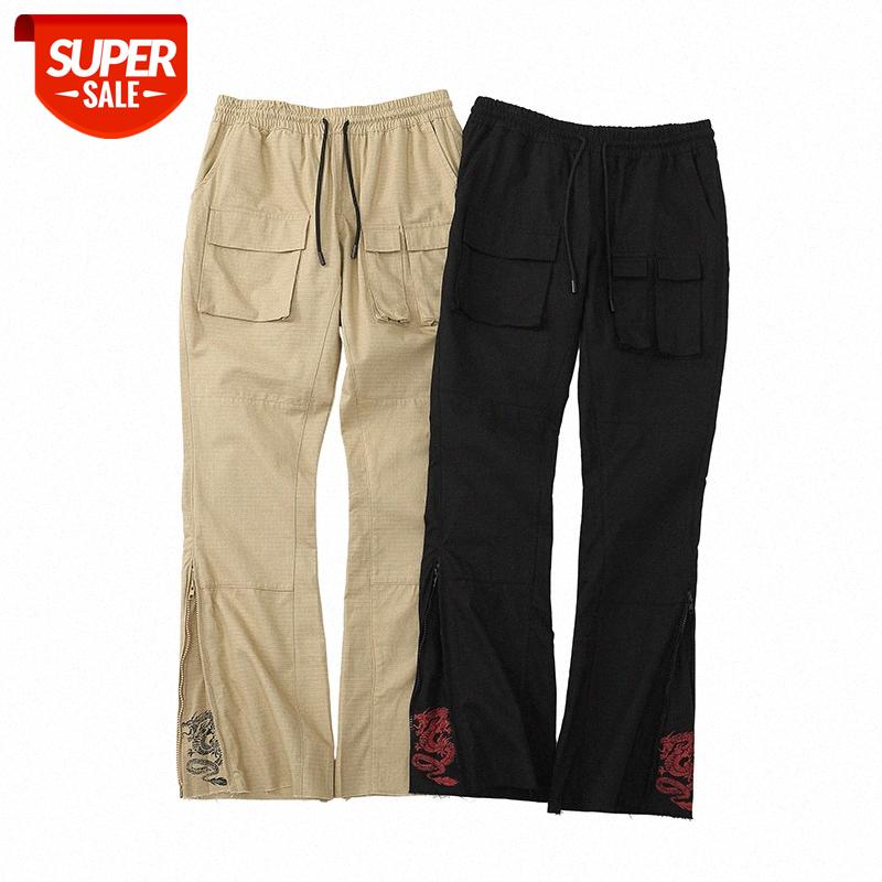 

LawFoo men's solid color multi-pocket zipper trousers casual pants #c59J, Black