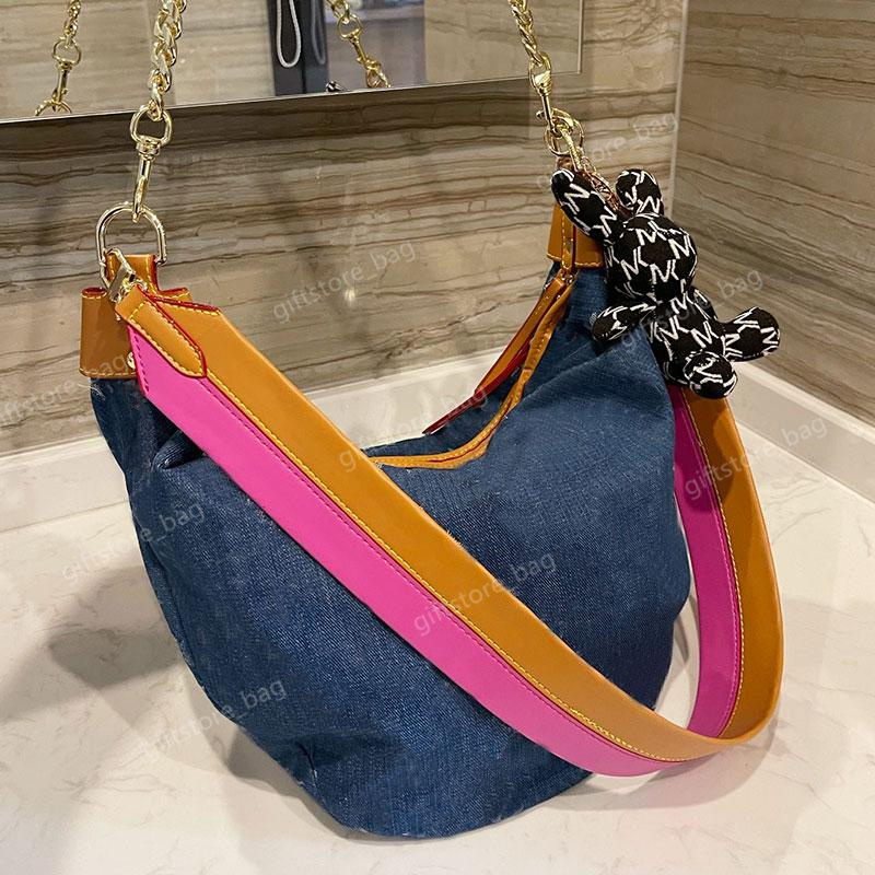 

Blue denim ladies saddle armpit bag shoulderbag chain rainbow shoulder strap fashion wallet zipper closure L letter classic, Other options