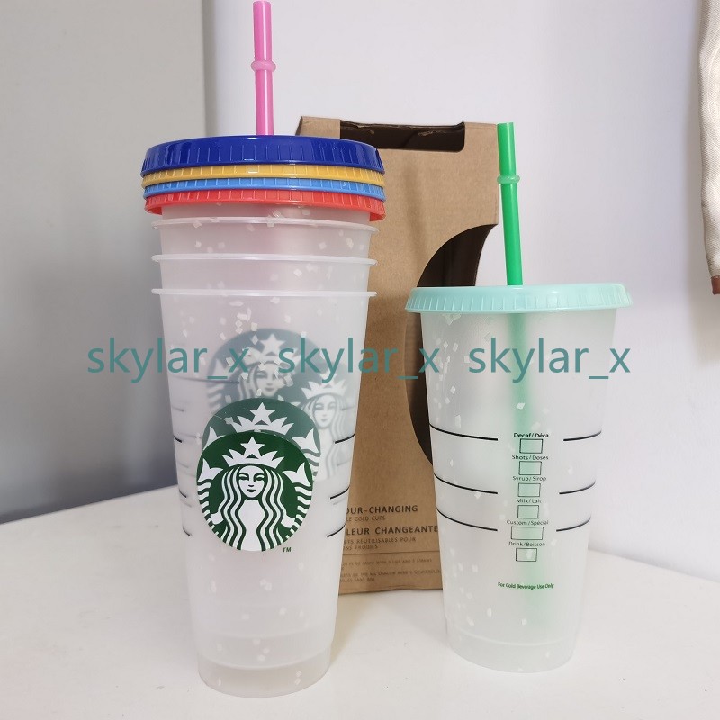 

5pcs 24OZ/710ml Starbucks Snow Plastic Tumbler Reusable Clear Drinking Flat Bottom Cup Pillar Shape Lid Straw Mug Bardian, White