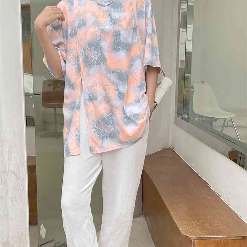 2021 summer large tie dye gradient cargo side split design tide brand short sleeve T-shirt women&#039;s pure cotton-image-699473495