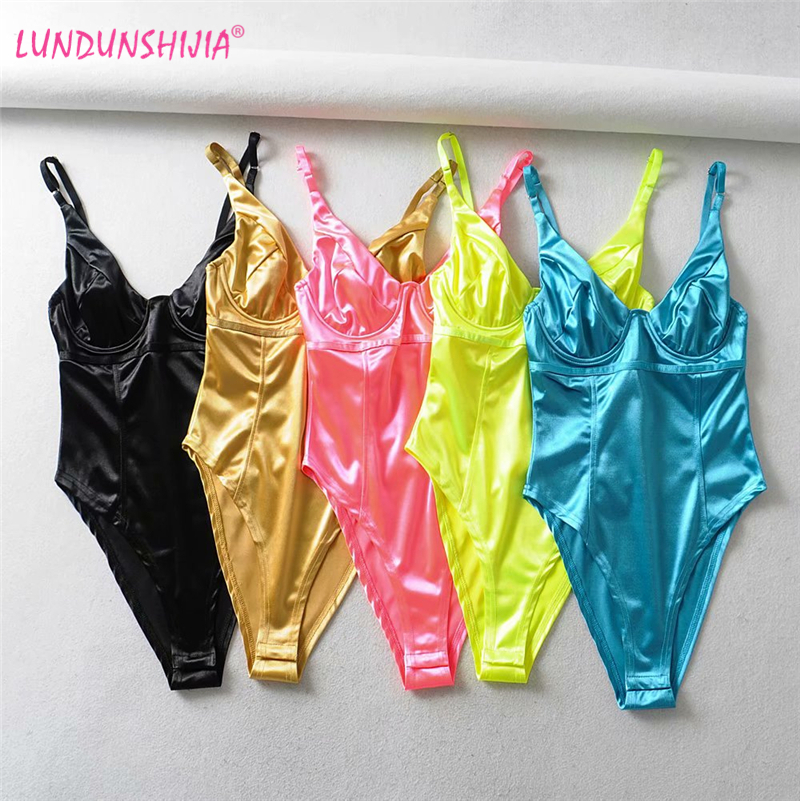 

LUNDUNSHIJIA 2021 Summer Women Gold Stretch Self-cultivation Sexy Bodysuit Jumpsuit Fluorescent Green Female Camisole Jumpsuit, Black