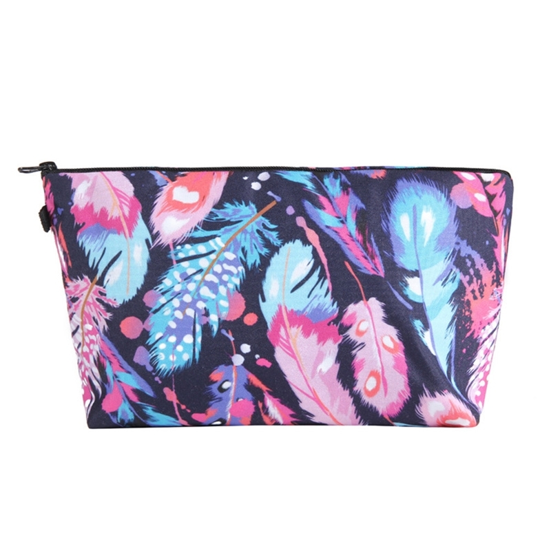 

New feather 3D printing magic wind makeup hand women's storage wash bag, Red