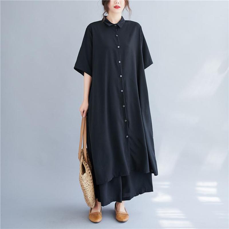 

Johnature Summer Loose Turn-down Collar Short Sleeve Single Breasted Shirt And Elastic Waist Wide Leg Pants Two Piece Set 210521, Black