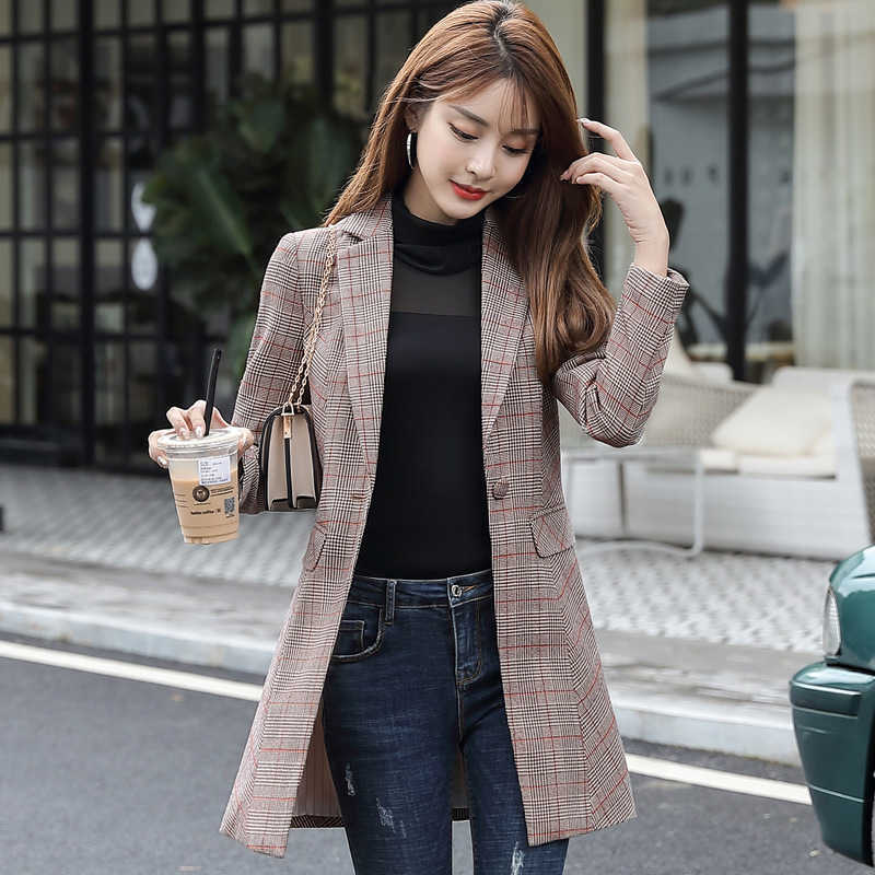 

Fashionable Women' Long Jacket High Quality Slim Plaid Blazer Temperament Office Suit Plus Size Winter Women 210527