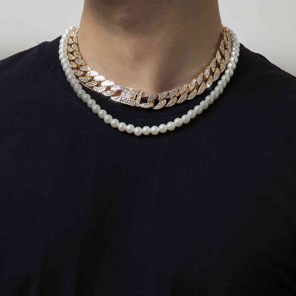 

Lacteo 2 Pcs/Set Bohemian Pearls Chain Choker Necklace Punk Hip Hop Shiny Rhinestone Adjustable Slide Cuban Chain Necklace X0509