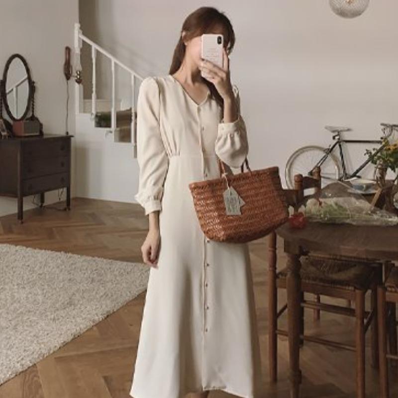 

Casual Dresses Temperament Gentle Slim Single Breasted V Long Sleeve Dress Solid Vestido Feminino Oversize Korean Chic Fashion Autumn Bottom, Black;gray