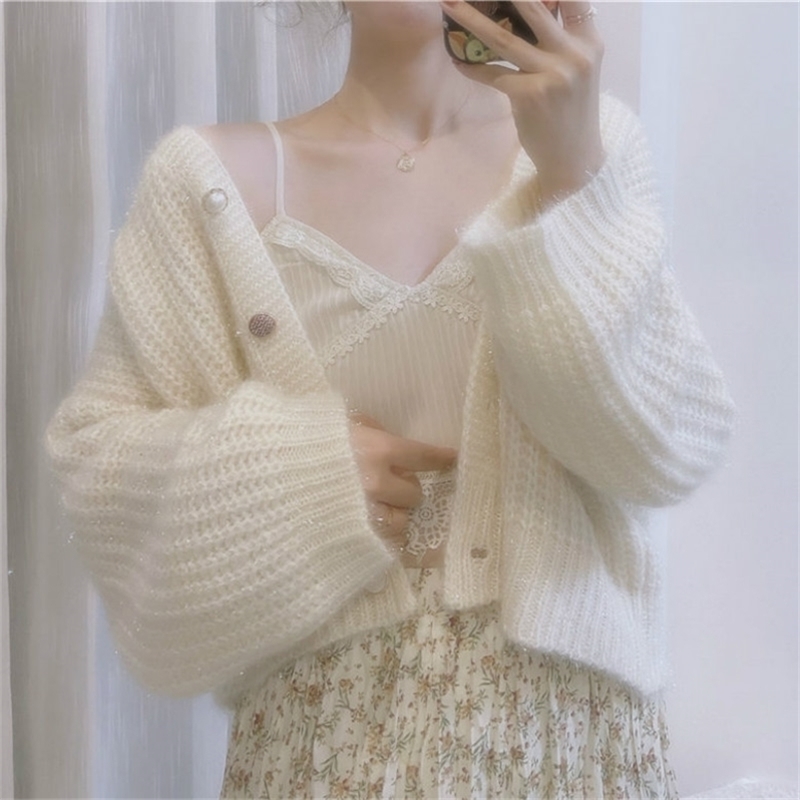 

Knitted Cardigan Women Vintage Retro Sweater V-Neck Casual Long Sleeve Sweet Loose Korean Autumn Women' Clothing 210519, Beige