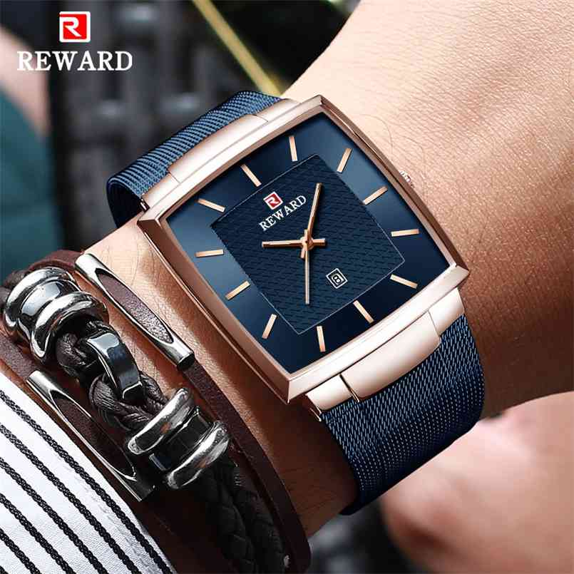 

REWARD Top Brand Men's Watch Business Relogio Masculino Square Quartz Man Men Wristwatch Full Steel Waterproof Male 210707, Black add tool