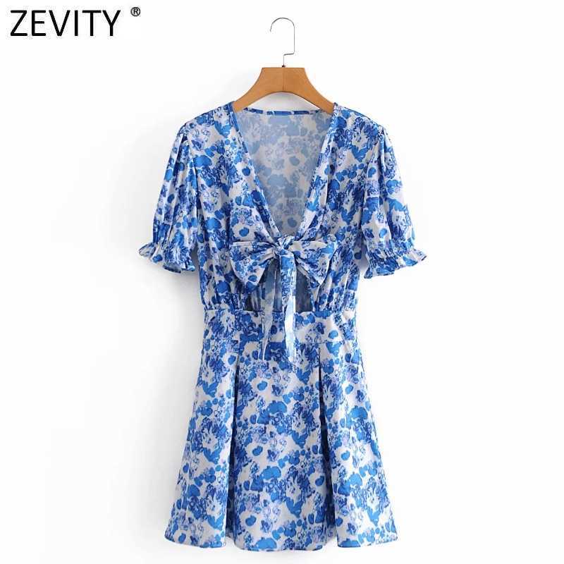

Zevity Women Holiday Wind Blue Floral Print Bowknot Mini Dress Female Chic Puff Sleeve Side Zipper Casual Beach Vestido DS8127 210603, As pic ds8127aazz