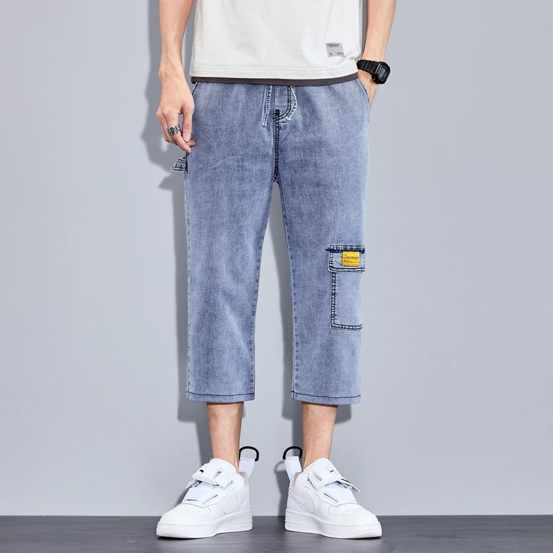 

Men's Jeans Mens Pants Summer Cropped Denim Casual Gray Blue Stretch Elastic Waist Drawstring Fashion Posckets Desinger