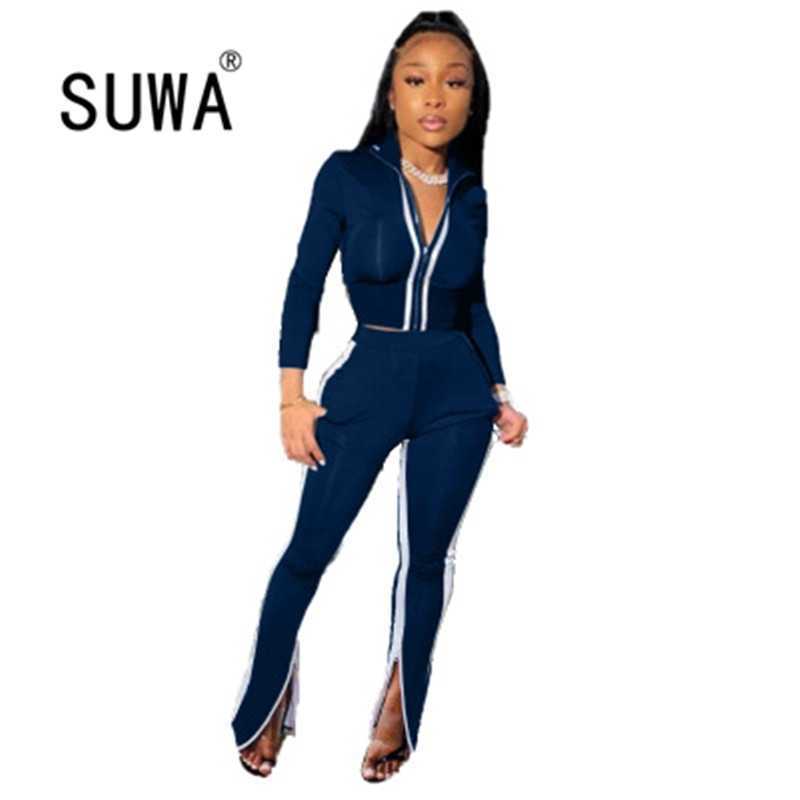 

Women Sportswear Patchwork Two-Piece Set Casual Ladies V-Neck Zip Full Sleeve Coats Top High Waist Split Harem Pants Tracksuits 210525, Navy blue