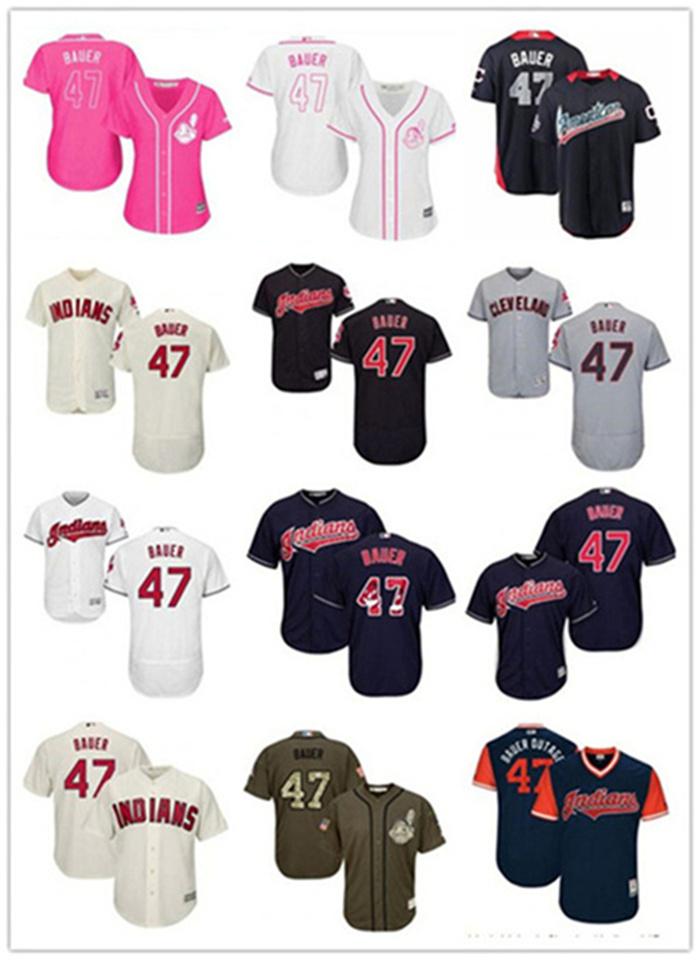 

Cleveland men women youth Indian yelley jersey 47 Trevor Bauer baseball wear red white size s-xxl, Blue;black