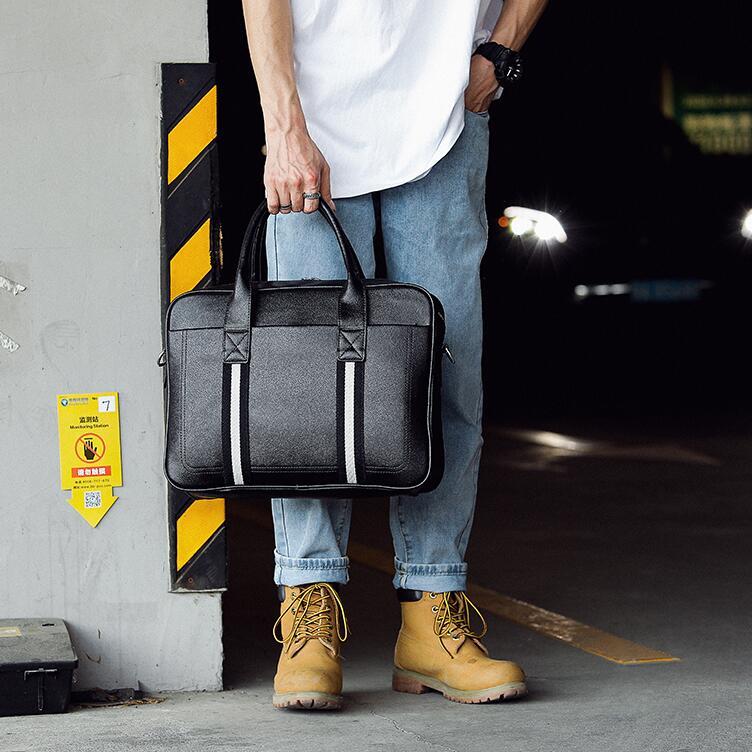 

Factory wholesale men handbag striped business bag fashion leathers horizontal laptop bags personalized contrast leather shoulder handbags, Black