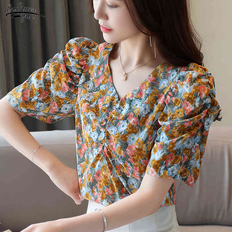 

Summer Chiffon Puff Short Sleeve Women Shirts Office Floral V Neck Pleated Women Blouse Korean Pullover Tops Blusas 10173 210518, Pink