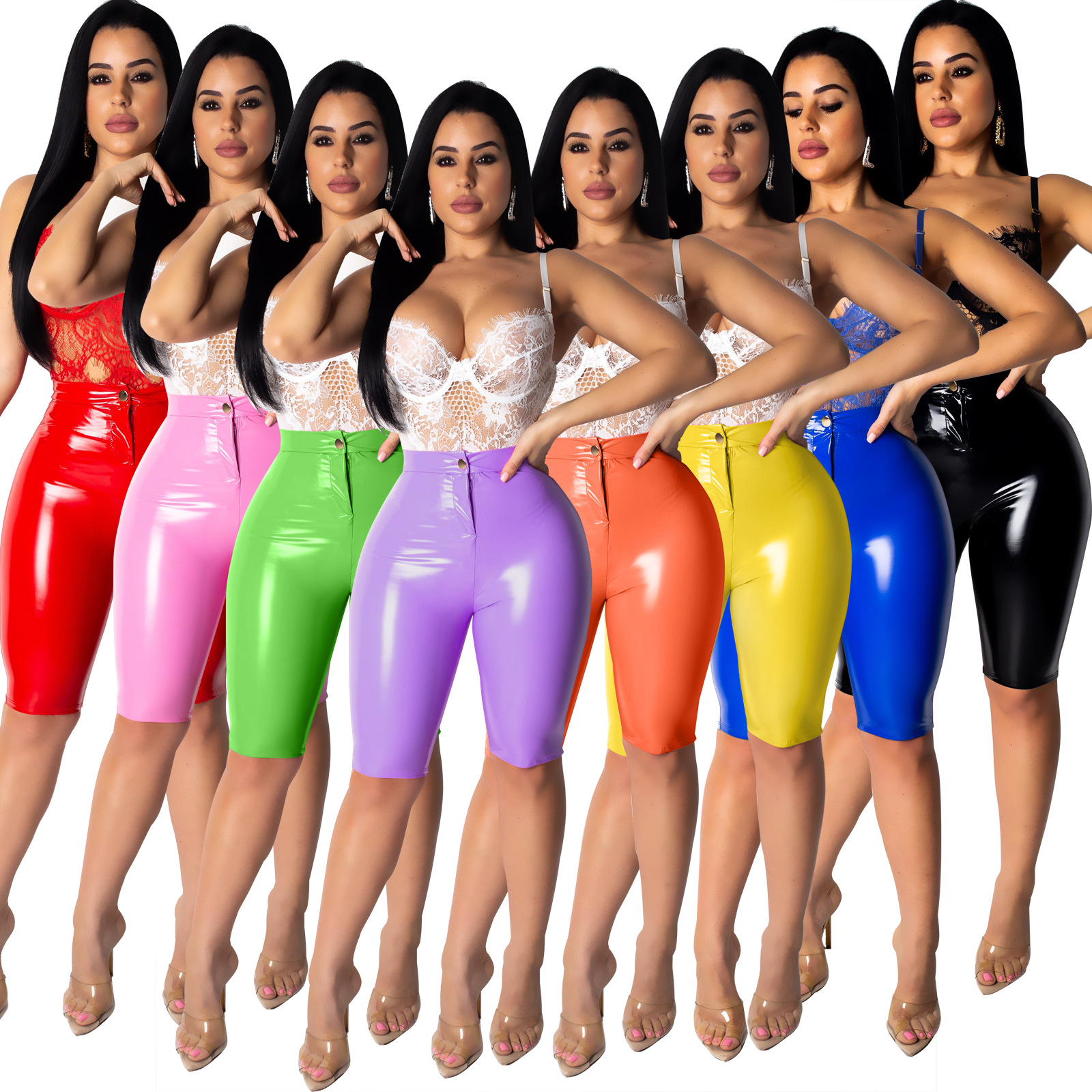 

Women Button Zippers Leather Capris High Elasticity Knee Length Trousers Faux PU Leather Short Pants, 6#