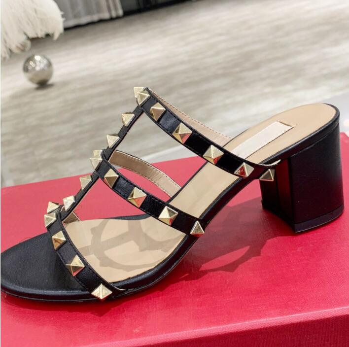 

Luxury Brand Women Slippers Thick Heel Sandals 6cm V Logo Thin Strap Rivet Mid-Heel Genuine Leather Summer Slipper 43, Black