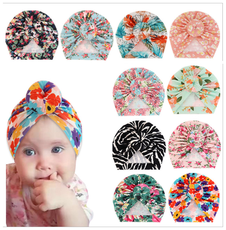 

Baby Girls fashion handmade Beanie Turban Indian caps ins hot flower patterns Bonnet Infants cute doughnut headwear, As pic