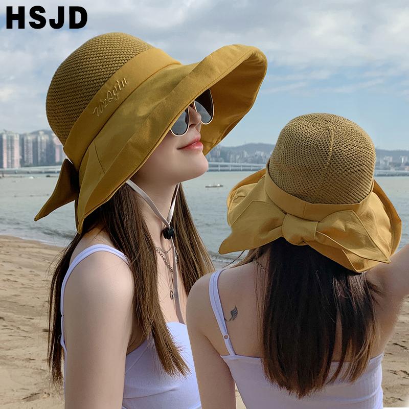 

Summer Women Sun Hats Mesh Floppy Top Foldable Bucket Hat Large Brim Bowknot Anti-UV Beach Female Sunscreen Cap Wide, Blue;gray
