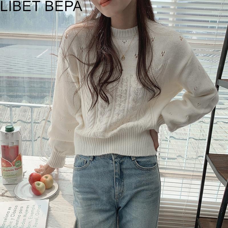 

Women's Sweaters 2021 Autumn Winter Women Sweater Knitted Pullovers Cutout Fashionable Wild Lantern Sleeve Elegant Lady Knitwear Tops SW8130, Beige