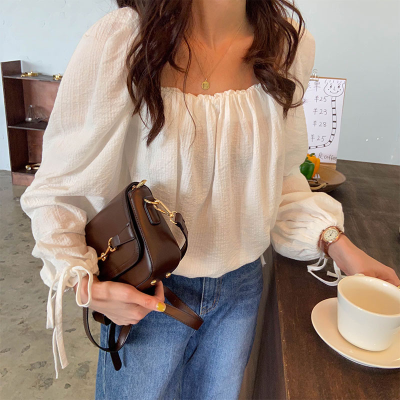 

femme womens tops 2021 autumn korean sweet style soild color lace up long sleeve shirt women square collar blouses (X1359), White
