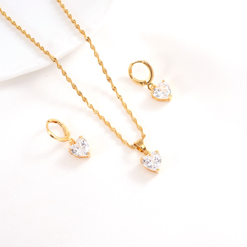 White Rhinestones Love Heart Pendant Fine Solid 9k Gold CZ Necklace Earrings Set Costume Jewellery-image-707745523