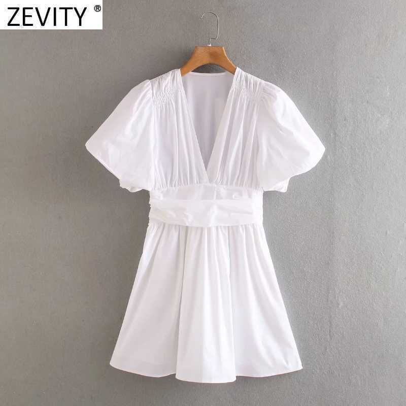 

Zevity Women Fashion Lantern Sleeve Casual Slim White Poplin A Line Dress Female V Neck Pleated Chic Kimono Mini Vestidos DS8302 210603, As pic ds8302ww