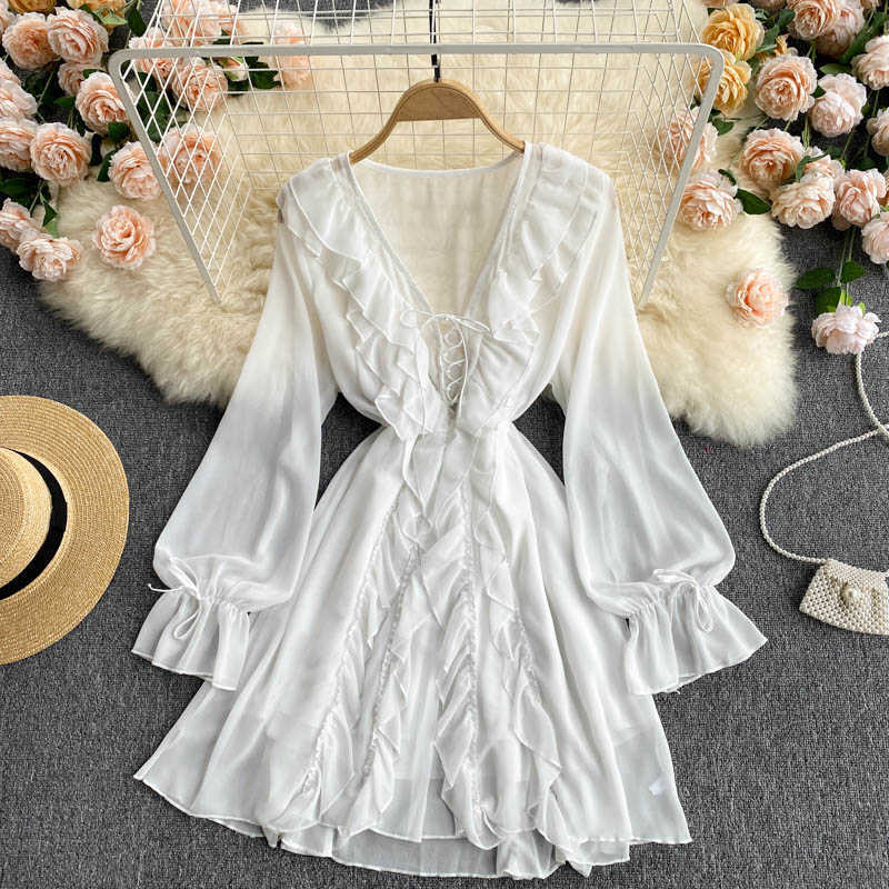 

Women White Lace Mini Dress Sexy V-Neck Ruffle Long Sleeve Double Ruffle Sweet A-Line Vestidos Female Elegant Robe Spring Summer Y0603