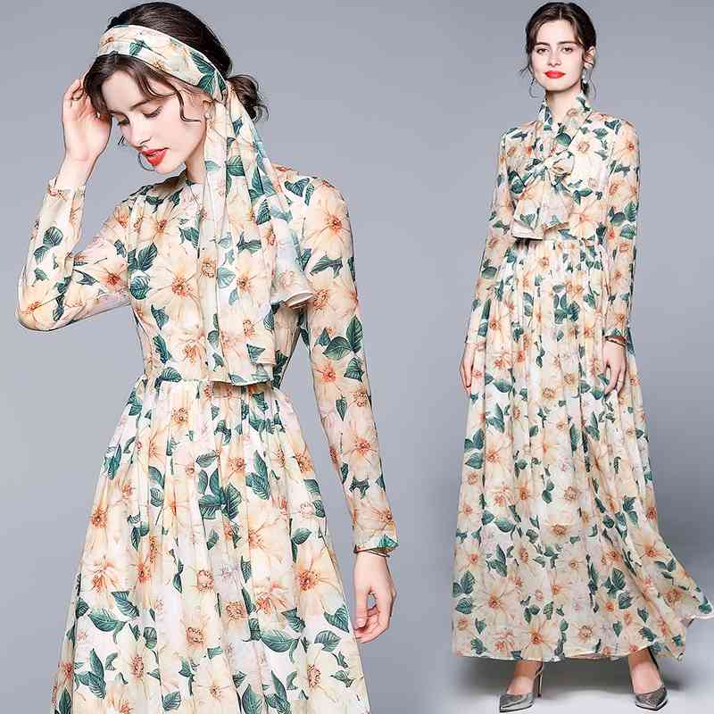 

Banulin Summer Fashion Runway Boho Maxi Dresses Women's Long Sleeve Flowers Print Holiday Elegant Party Dress 210603, Yellow