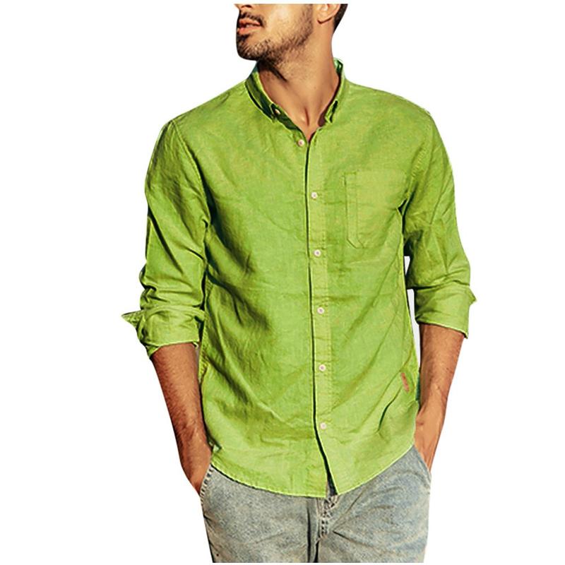 

Men's Casual Shirts Slim Fit Dress Shirt For Men Summer Button Linen And Cotton Long Sleeve Top Blouse Whit Yellow Camisa Masculina