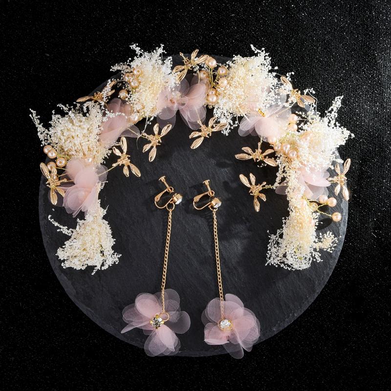 

Hair Clips & Barrettes Pink Garland Headdress Bridal Pearl Flower Hairband Women Jewelry With Hanging Earing For Bride Decorations, Golden;silver