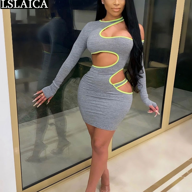 

Long Sleeve Bodycon Dress Irregular Hollow Out Autumn Skinny Mini Sexy Party Solid Color Ropa Para Mujer 210520, Gray