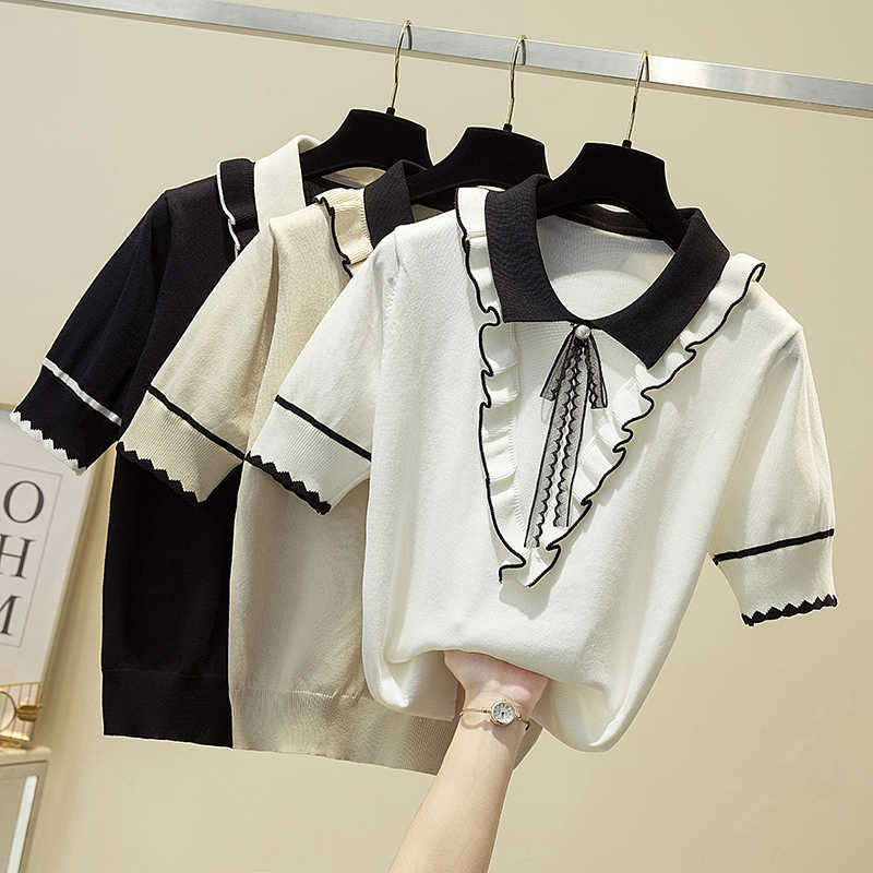 

Summer Knitted Thin Sweater Pullovers Korean Short Sleeve Bow Sweaters for Women Slim Jumper Tops Office Lady pullover 210604, Black