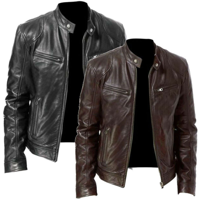 Mens Leather Jacket Slim Fit Stand Collar PU Jackets Male Anti-wind Motorcycle Lapel Diagonal Zipper Men 5XL-image-695963561