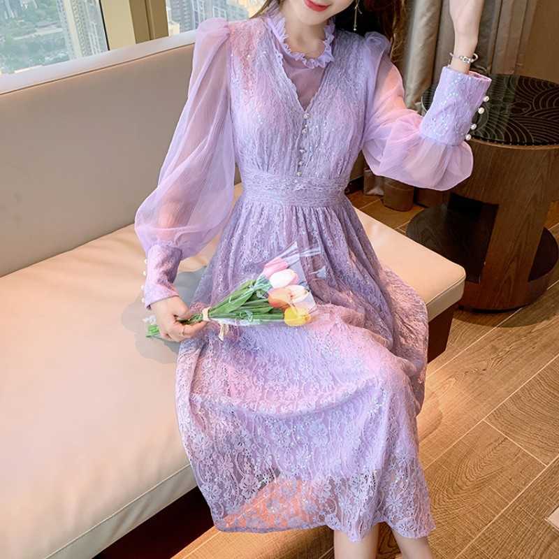 

Sweet Purple Fairy Vintage Dress French Spring Elegant Lace High Waist Casual Slim Midi Female 210526