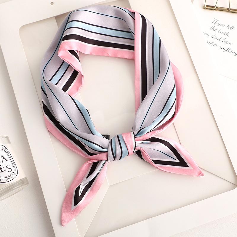 

Scarves 2021 Handkerchief Stripe Scarf Print Women Silk Small Handle Bag Ribbons Female Head Pink Sharp Angle Foulard