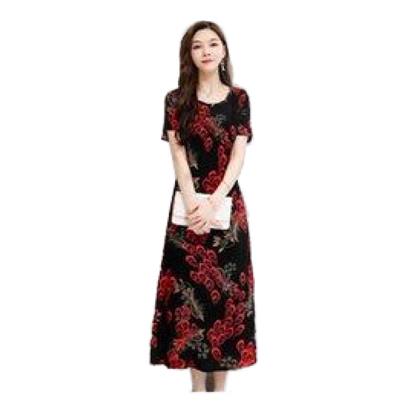 

Summer Women Dress 2021 Slim Casual O-Neck Beach Short Sleeve Long Floral Print Skirts Plus Size, 35#