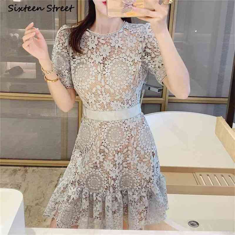 

Runway Green Lace Dress Woman Summer O-neck Mini Bodycon Female High Waisted Vintage Party Self Luxury 210603, Gray