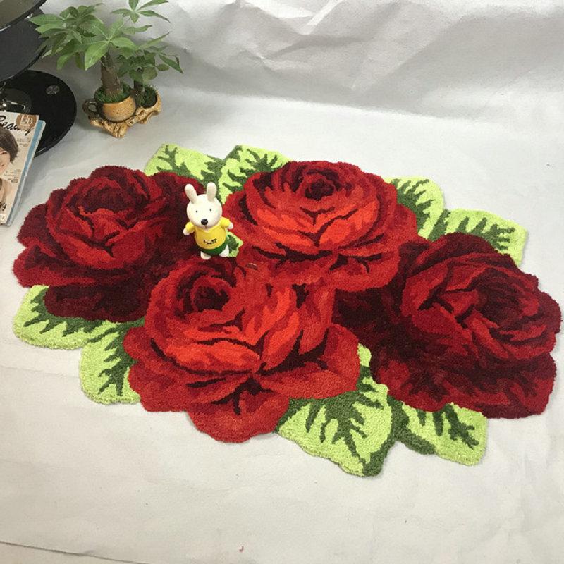 

Carpets Hand-Woven Rose Rug Soft Warm Four Floral Mat Bedroom Living Room Door Bathroom For Home Decor, Red