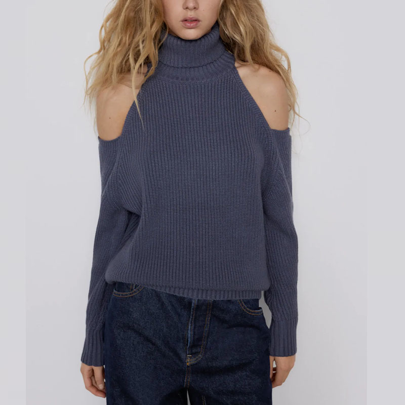 

Cut Out Shoulder Knit Sweater Women Long Sleeve Turtleneck Off Shoulders Vintage Pullover Female Chic Winter Knitted Top 210518, Blue