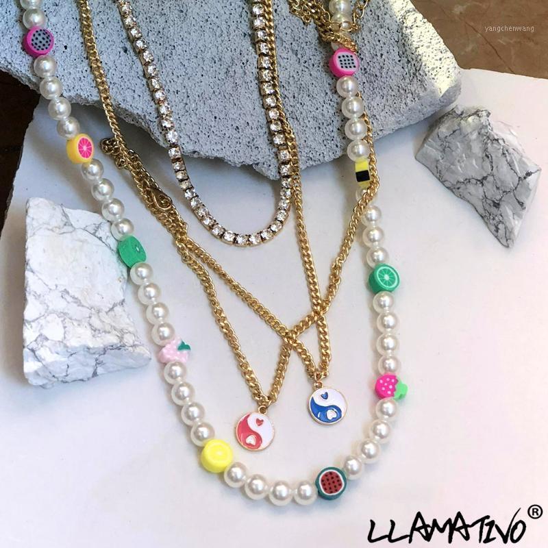 

Chains Fashion Imitation Pearl Colorful Fruit Beads Choker Necklace For Women Boho Handmade Yin Yang Crystal Chain Beaded Jewelry Gift