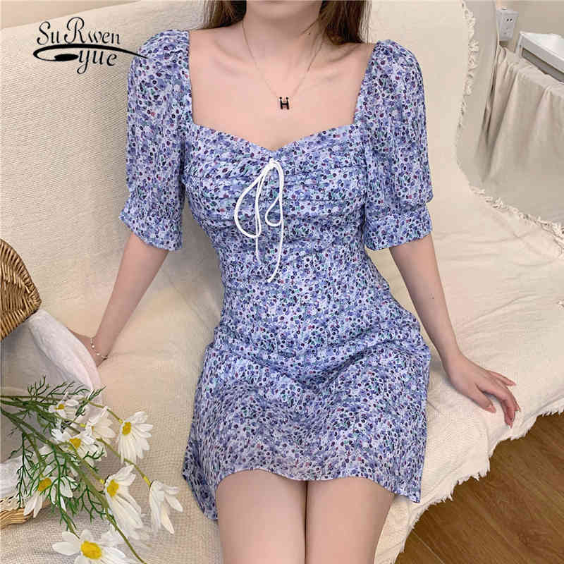 

Summer Dress Floral Print Mini Sexy White Dress Women Elegant Puff Sleeve Dresses Sheath Clothing Korean Vestidos 14669 210518, Purple