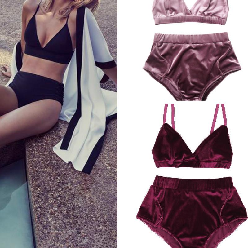 

Bras Sets 2021 Sexy Women High Waist Velvet Bralette Underwear Panties Soft Bra Set Girl Solid Color 2 Pieces, Pink