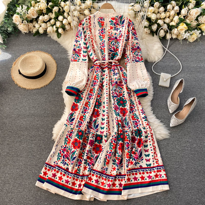 

New Spring Autumn Women Dresses Fashion Outwear Bohemian Holiday Long Sleeve Standing Collar Elegant Hit Color Sexy Dress 2021, Same as picture