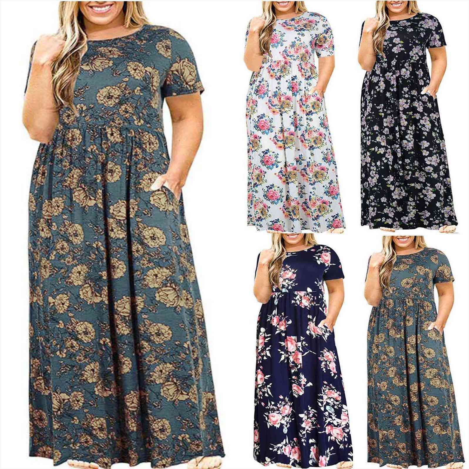

plus size casual o neck women dresses summer short sleeve print loose pocket long free, Black;gray