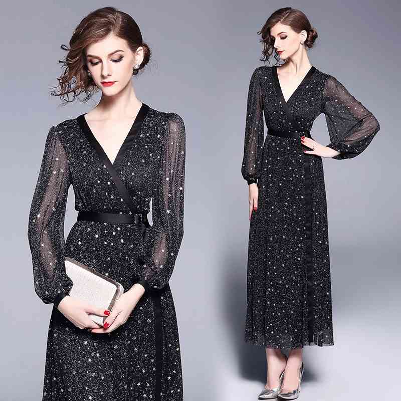 

2021 spring summer autumn Korean slim dress V-Neck sleeve women' high waist long sexy A-type skirt, Black (long sleeve)